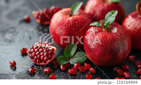 Group Fresh pomegranate fruit whole pomegranate seeds. Pomegranates and red apples Rosh Hashanah 118184904
