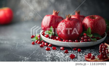 Group Fresh pomegranate fruit whole pomegranate seeds. Pomegranates and red apples Rosh Hashanah 118184905