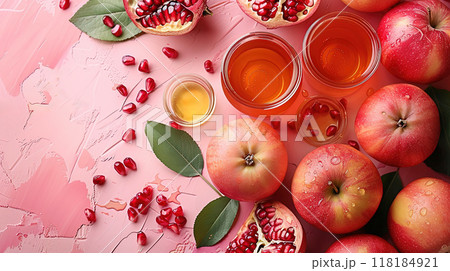 Rosh Hashanah Jewish New Year holiday concept Traditional symbols Honey jar apples pomegranate Rosh Hashanah Jewish New Year holiday concept Traditional symbols Honey jar apples pomegranate 118184921