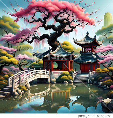 Beautiful traditional Chinese pavilion with cherry blossoms Beautiful traditional Chinese pavilion with cherry blossoms 118184989