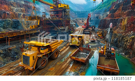 High definition aerial photograph of large open-pit ore mine, taken from drone at high altitude 118185187