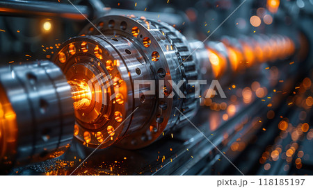 Metallurgical equipment in action with an emphasis on complex details and technological processes. 118185197