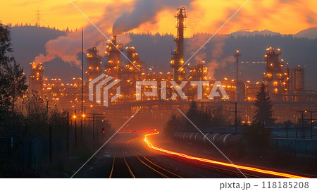 Industrial refinery with numerous chimneys bright lights, emitting smoke during picturesque sunset 118185208