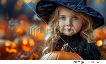 Cute child girl dressed as witch pumpkin outdoors Halloween. Halloween concept 118185209