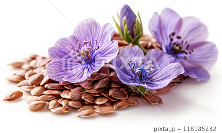 Flax seeds with flower isolated on white background. Concept of organic and vitamin oil. 118185232