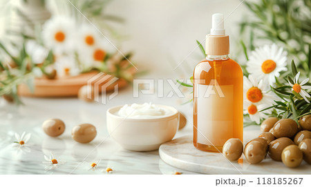 Jar of luxury cosmetic cream with olive oil with fresh olives. The concept of natural body care 118185267