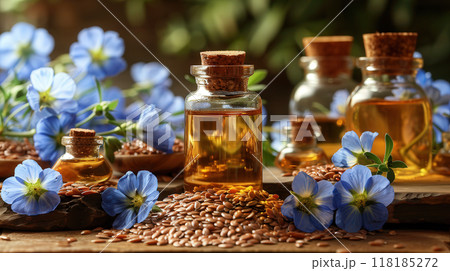 Bottle flaxseed oil surrounded flax seeds and blue flax flowers, with rustic wooden background. 118185272