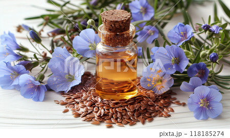 Bottle flaxseed oil surrounded flax seeds and blue flax flowers, with rustic wooden background. 118185274