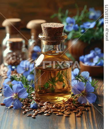 Bottle flaxseed oil surrounded flax seeds and blue flax flowers, with rustic wooden background. 118185275