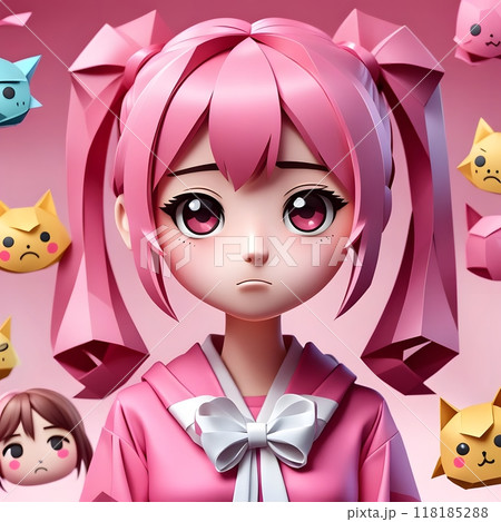 Pink-haired sad melancholic unhappy character in whimsical surroundings 118185288