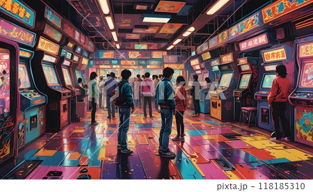 People exploring colorful game machines in a busy arcade. 118185310