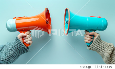 Two hands holding megaphones facing each other confrontational position against neutral background Two hands holding megaphones facing each other confrontational position against neutral background 118185339