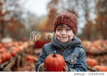 Child boy sitting on pumpkins in pumpkin patch next red cart. Clear blue sky autumn landscape Child boy sitting on pumpkins in pumpkin patch next red cart. Clear blue sky autumn landscape 118185340