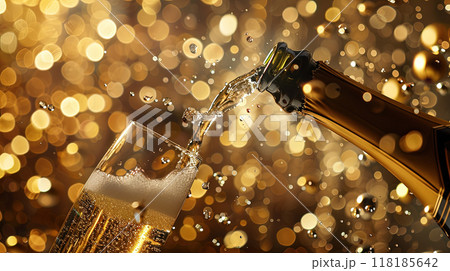 Luxury celebration exploding champagne bottle, glass splashing bubbles festive birthday, New Year Luxury celebration exploding champagne bottle, glass splashing bubbles festive birthday, New Year 118185642