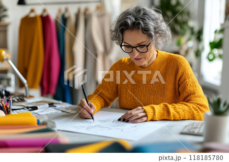 Fashion designer working on sketches in a studio, surrounded by colorful fabric samples 118185780