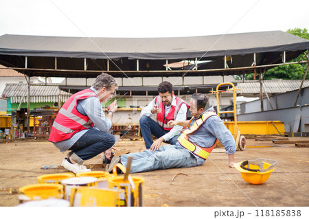 Asian worker have an accident while working in the construction site. Asian worker have an accident while working in the construction site. 118185838
