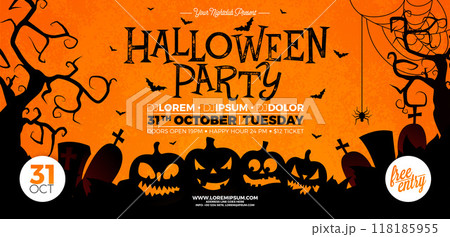 Halloween Party Banner Illustration with Scary Faced Pumpkins on Orange Cemetery Background. Vector Holiday Design Template with Cemetery and Flying Bats for Party Invitation, Greeting Card, Banner or Halloween Party Banner Illustration with Scary Faced Pumpkins on Orange Cemetery Background. Vector Holiday Design Template with Cemetery and Flying Bats for Party Invitation, Greeting Card, Banner or 118185955