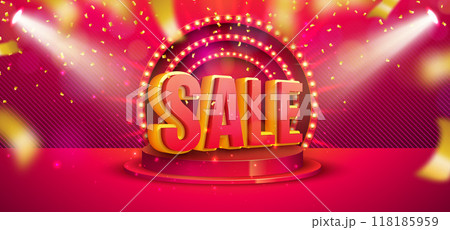 Shopping Day Sale Banner Design with Stage Podium and Light Bulb Billboard on Falling Confetti Background. Vector Special Offer Campaign Discount Illustration for Coupon, Voucher, Banner, Flyer 118185959