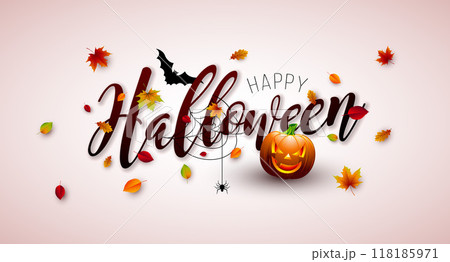 Happy Halloween Vector Illustration with Pumpkin, Autumn Leaves, Typography Lettering, Flying Bats and Spider on Clean Background. Holiday Design for Banner, Greeting Card, Celebration Poster, Party 118185971