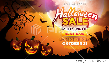 Halloween Sale Banner Illustration with Pumpkins, Cemetery and Flying Bats on Orange Background. Vector Holiday Design Template with Typography Lettering for Offer, Coupon, Celebration Flyer, Voucher Halloween Sale Banner Illustration with Pumpkins, Cemetery and Flying Bats on Orange Background. Vector Holiday Design Template with Typography Lettering for Offer, Coupon, Celebration Flyer, Voucher 118185973