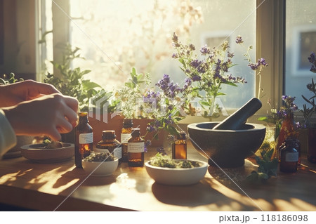 A dedicated individual meticulously prepares a homeopathic remedy, surrounded by jars of herbs and plants 118186098