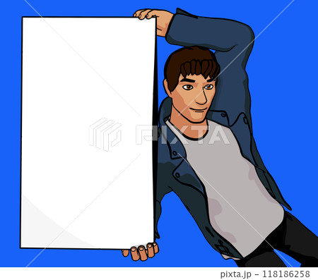 Young Man Holding Blank Cardboard Showing Copy Space on Blue Background Vector Illustration Young Man Holding Blank Cardboard Showing Copy Space on Blue Background Vector Illustration 118186258