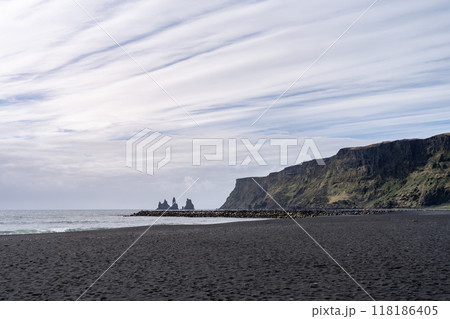 Majestic Reynisdrangar Rock Formations at Vik Black Sand Beach, Iceland. Majestic Reynisdrangar Rock Formations at Vik Black Sand Beach, Iceland. 118186405
