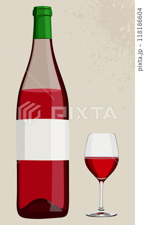 Wine bottle and glass of red wine. Vector illustration isolated on light beige background Wine bottle and glass of red wine. Vector illustration isolated on light beige background 118186604