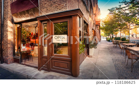 Open sign hanging in front door on restaurant or coffee at entrance. 118186625