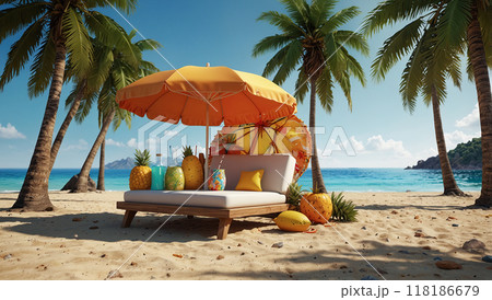 A cozy beach setup with a yellow umbrella, a lounge chair, and tropical drinks, surrounded by palm trees, perfect for a relaxing vacation. 118186679