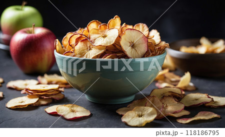A bowl of crispy, sweet apple chips with fresh apples in the background, emphasizing healthy and natural snacking. 118186795