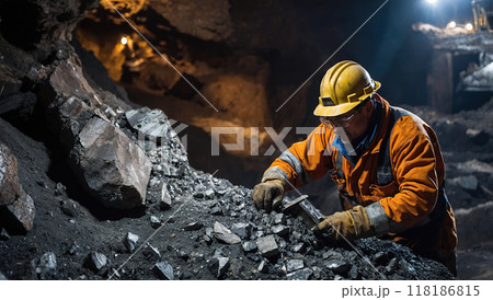 Miner chiseling rocks in a dimly lit tunnel, deeply engaged in the task of mineral extraction. 118186815