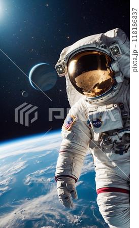 An astronaut floating in space, with Earth and clouds visible below. An astronaut floating in space, with Earth and clouds visible below. 118186837
