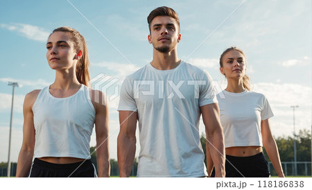 Confident group of athletes stands on a track, ready to tackle their goals. Confident group of athletes stands on a track, ready to tackle their goals. 118186838