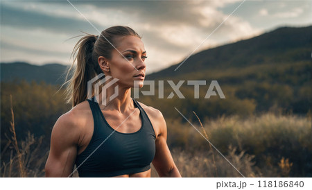A fit woman gazes into the distance in a mountainous area, representing strength and focus. 118186840