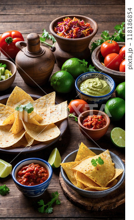 A festive arrangement of Mexican food ingredients on a wooden table. Bowls of nachos, salsa, guacamole, fresh vegetables, and lime wedges create a vibrant and appetizing setup. 118186854