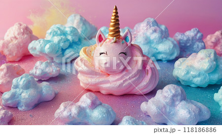 Majestic unicorn with pink mane among pastel clouds and sparkles, epitome of fantasy and magic. Majestic unicorn with pink mane among pastel clouds and sparkles, epitome of fantasy and magic. 118186886