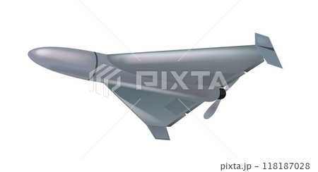 Shahed combat drone flying isolated on white background. Shahed 136 drone kamikaze. UAV geranium-2 118187028