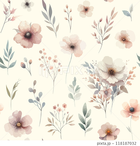 Vector floral seamless pattern with wild flowers, herbs and grasses. Vector floral seamless pattern with wild flowers, herbs and grasses. 118187032