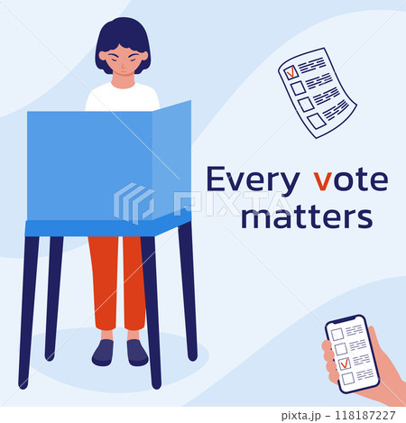 Election campaign. Political company. The girl in the voting booth make their choice. A call to vote. Voting online. Every vote matters. Vector illustration in a flat style. 118187227