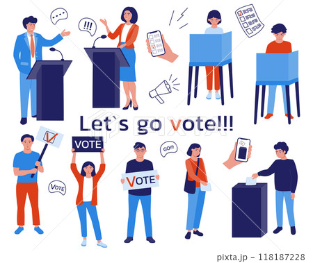 Various voting elements: debates, people protesting, filling out ballots in the voting booth, throwing into the ballot box, voting online. The right to vote. Vector illustration in the flat style. 118187228