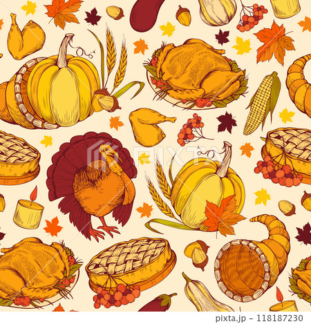 Thanksgiving Harvest Vector Seamless Pattern, Traditional Pumpkins and Dishes. Autumn Holiday Celebration Wallpaper. Fall Season Colorful Hand-Drawn Natural Vegetables. Turkey, Cornucopia, Apple Pie Thanksgiving Harvest Vector Seamless Pattern, Traditional Pumpkins and Dishes. Autumn Holiday Celebration Wallpaper. Fall Season Colorful Hand-Drawn Natural Vegetables. Turkey, Cornucopia, Apple Pie 118187230