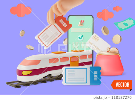 3d Buy Train Tickets Online Travel and Tourism Concept Background Cartoon Design Style. Vector illustration of Mobile Phone 118187270