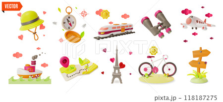 3d Travel and Tourism Element Set Concept Include of Eiffel Tower, Bicycle and Ship Cartoon Design Style. Vector illustration 3d Travel and Tourism Element Set Concept Include of Eiffel Tower, Bicycle and Ship Cartoon Design Style. Vector illustration 118187275