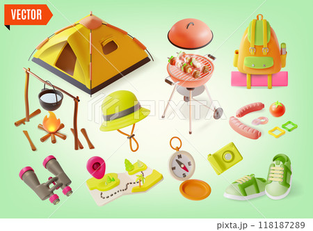 3d Camping Set Travel and Tourism Concept Cartoon Design Style Include of Tent, Backpack, Compass and Map. Vector illustration