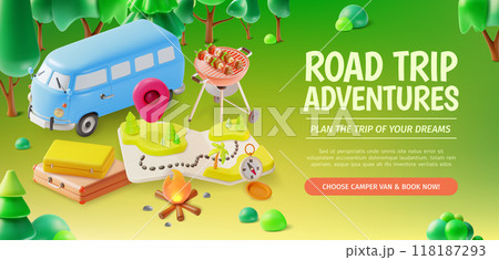 3d Road Trip Adventure Travel and Tourism Concept Ads Banner Poster Card. Vector illustration of Camper Van 118187293