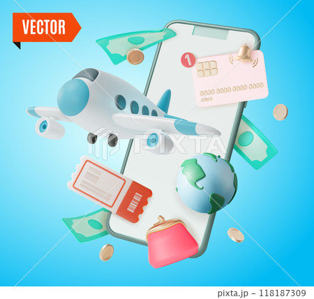 3d Online Airline Booking Payment Checking Travel and Tourism Concept Background Cartoon Design Style. Vector illustration 118187309