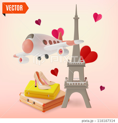 3d France Shopping Travel and Tourism Concept Cartoon Design Style. Vector illustration of Eiffel Tower with Plane and High Heels 118187314