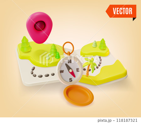3d Travel and Tourism Concept Cartoon Design Style. Vector illustration of Compass and Map with Point 118187321