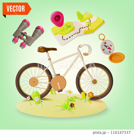 3d Travel and Tourism Concept Cartoon Design Style. Vector illustration of Bicycle, Binoculars, Compass and Map Floating Objects